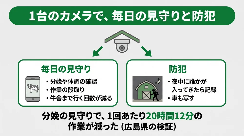 1台のカメラで、毎日の見守りと防犯。毎日の見守りでは分娩や体調の確認、作業の段取りができ、牛舎まで行く回数が減る。防犯では夜中に誰かが入ってきたら記録し、車も写す。分娩の見守りで1回あたり20時間12分の作業が減った(広島県の検証)