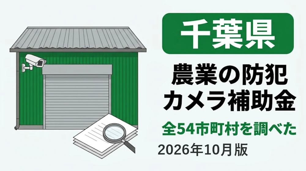 千葉県の農業の防犯カメラ補助金。農家の倉庫と防犯カメラ、書類と虫眼鏡のイラスト