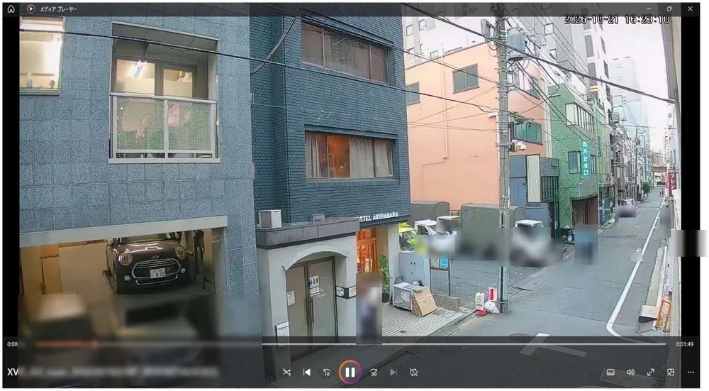 保存した映像が再生されます。再生できない場合は、VLCメディアプレイヤー（無料）を入れてください。