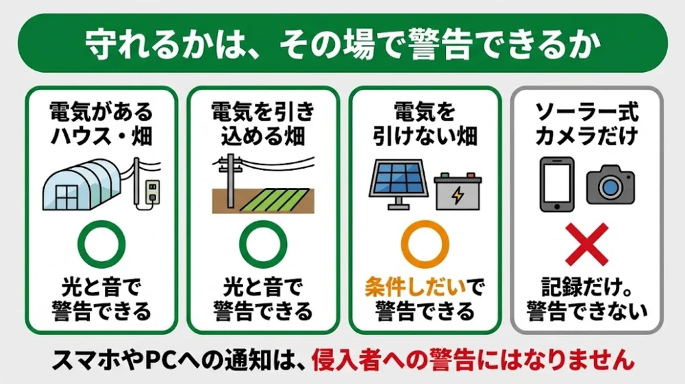 守れるかは、その場で警告できるか。電気があるハウス・畑と電気を引き込める畑は光と音で警告できる。電気を引けない畑は条件しだいで警告できる。ソーラー式カメラだけは記録だけで警告できない。スマホやPCへの通知は侵入者への警告にはならない