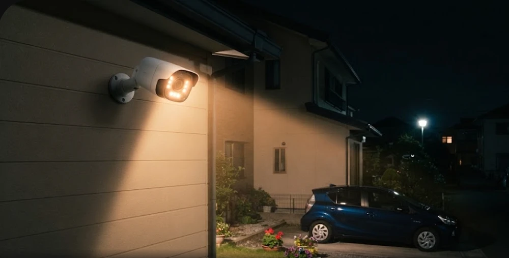 夜の一戸建て。外壁の防犯カメラが白色ライトで駐車場を照らしている