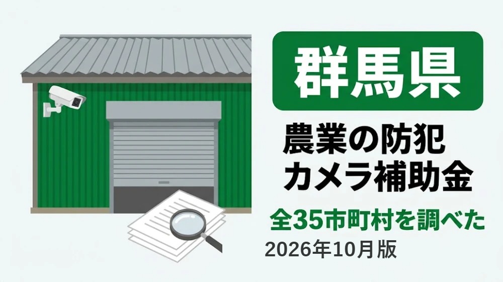 群馬県の農業の防犯カメラ補助金。農家の倉庫と防犯カメラ、書類と虫眼鏡のイラスト