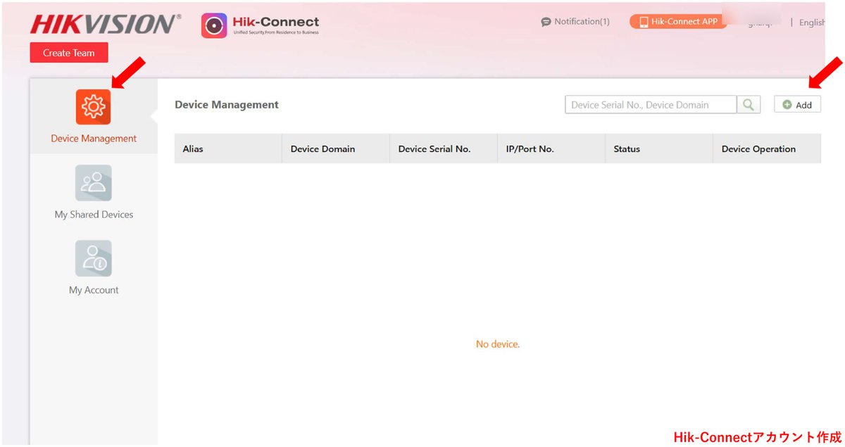 Device Managementから＋Addを押す画面
