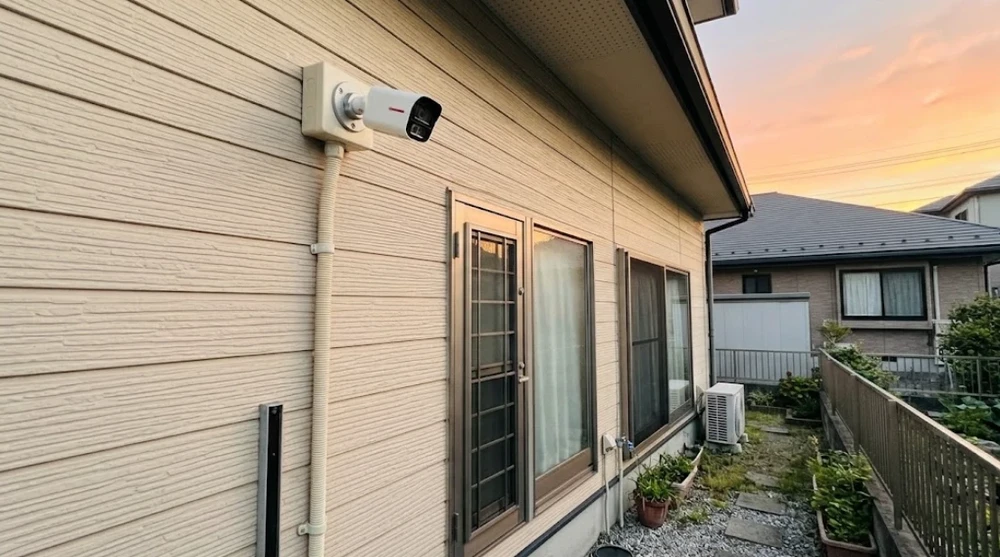 夕方の一戸建ての裏手。外壁の高い位置に付けた白い防犯カメラが、窓と勝手口を見下ろしている