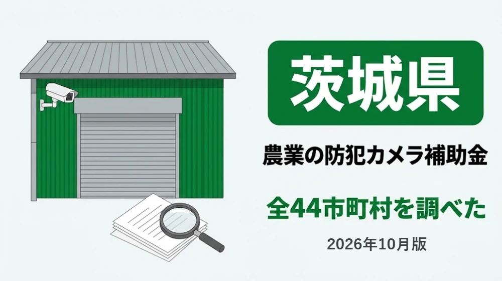 茨城県の農業の防犯カメラ補助金。農家の倉庫と防犯カメラ、書類と虫眼鏡のイラスト