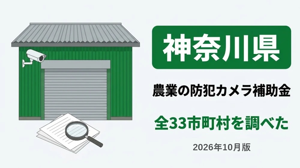 神奈川県の農業の防犯カメラ補助金。農家の倉庫と防犯カメラ、書類と虫眼鏡のイラスト