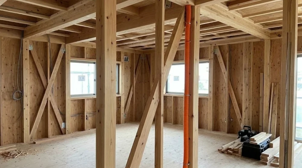 建築中の木造住宅。壁を張る前の柱の間にオレンジ色の配線用保護管が通っている
