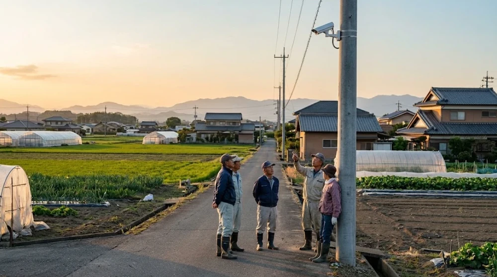 農道の電柱に設置した防犯カメラを見上げて話し合う地域の農家の人たち