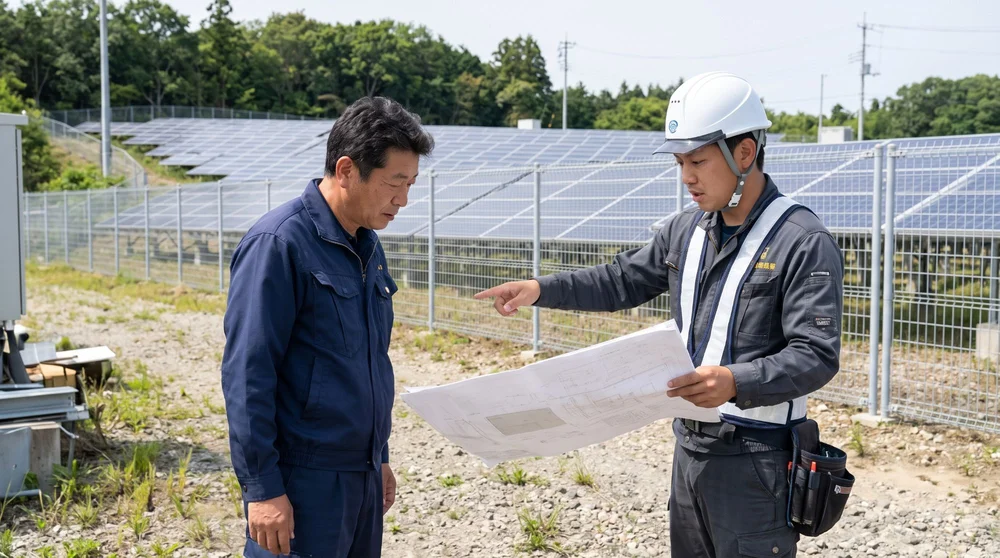 太陽光発電所で、作業着のオーナーとヘルメット姿の工事担当者が図面を見ながら、カメラの設置場所を確認している現地調査の様子