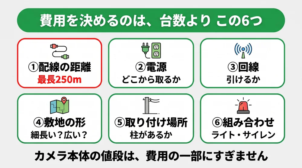 防犯カメラの費用を決める6つの条件。配線の距離(最長250m)、電源、回線、敷地の形、取り付け場所、ライトやサイレンとの組み合わせ。カメラ本体の値段は費用の一部にすぎない