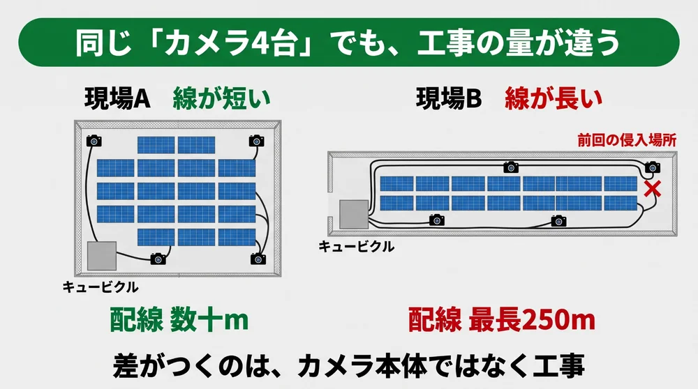 同じカメラ4台でも工事の量が違う。現場Aはカメラがキュービクルの近くにまとまり配線は数十m、現場Bは細長い敷地で前回の侵入場所まで線を引き配線は最長250m
