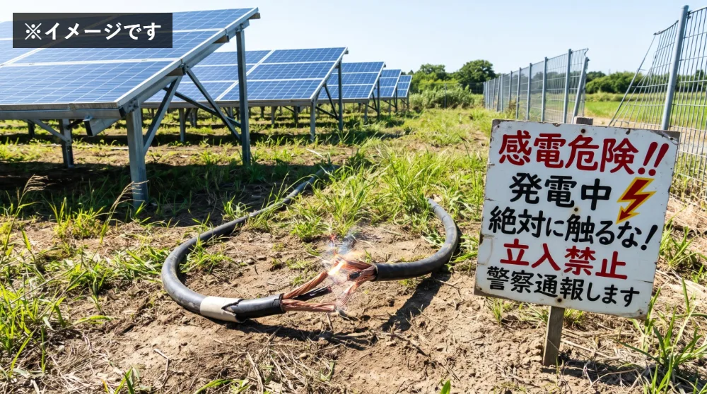 イメージ画像。ケーブルを盗まれた太陽光発電所。切断されて銅線がむき出しになったケーブルが地面に残り、感電危険・発電中・絶対に触るなと書かれた警告看板が立っている