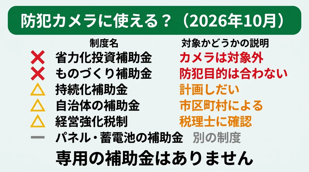 防犯カメラに使える制度の判定表。省力化投資補助金とものづくり補助金は使えない、持続化補助金・自治体の補助金・経営強化税制は条件つき、パネル・蓄電池の補助金は別の制度。専用の補助金はない