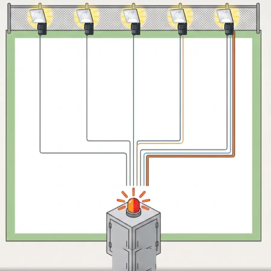 太陽光発電所のフェンス沿いに設置したセンサーライト5台と、キュービクル上のパトランプを配線でつないだ構成図