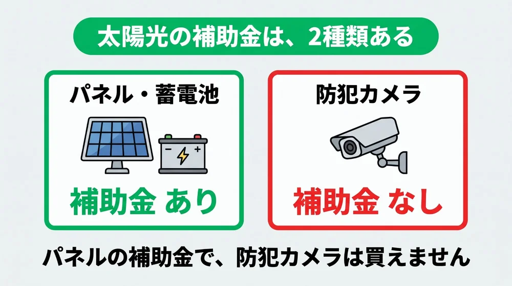 太陽光の補助金は2種類。パネル・蓄電池には補助金があり、防犯カメラには専用の補助金がない