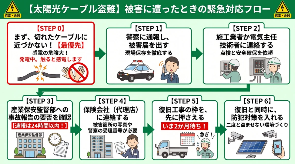 太陽光発電所のケーブル盗難被害の緊急対応フロー図。STEP0 まず切れたケーブルに近づかない(最優先・発電中で触ると感電)、STEP1 警察に通報し被害届を出す・現場保存、STEP2 施工業者か電気主任技術者に連絡、STEP3 産業保安監督部への事故報告の要否を確認(速報は24時間以内)、STEP4 保険会社に連絡(写真と警察の受理番号が必要)、STEP5 復旧工事の枠を先に押さえる(いま2か月待ち)、STEP6 復旧と同時に防犯対策を入れる