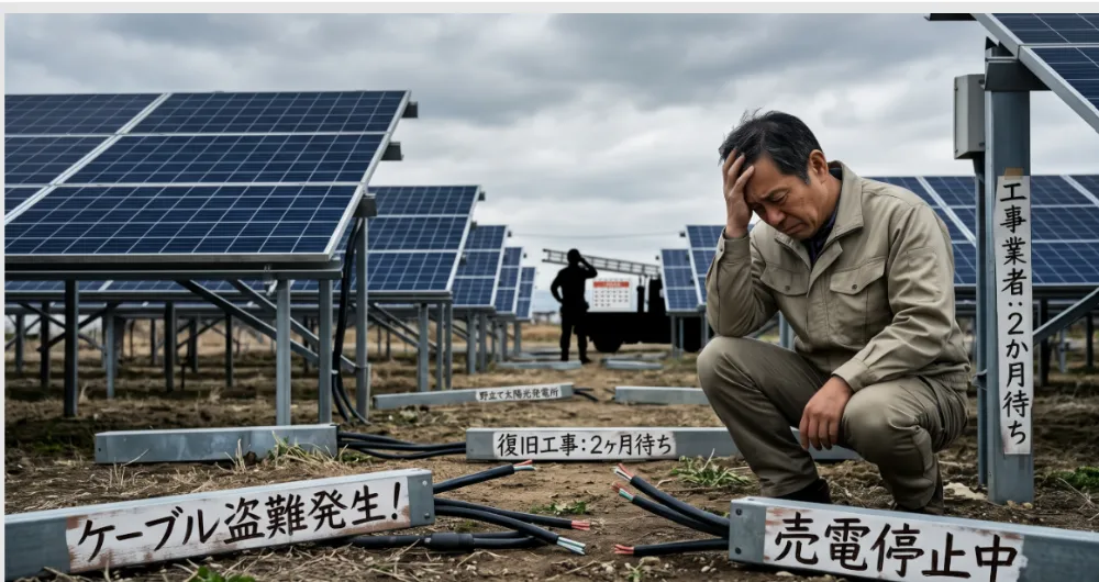 ケーブルを盗まれた野立て太陽光発電所。売電停止中、復旧工事まで2か月待ちの状態を示すイラスト