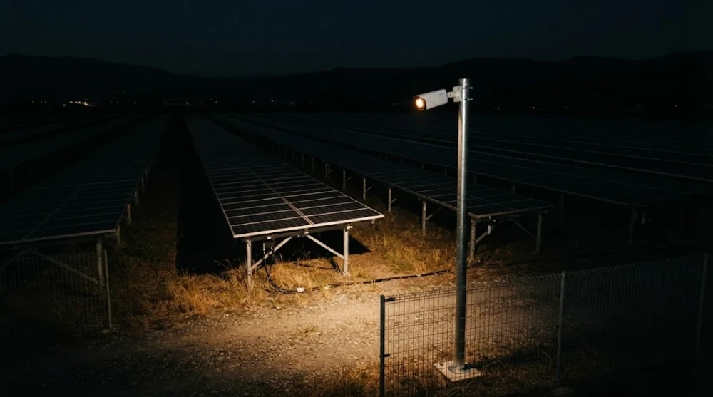 夜の太陽光発電所で、フェンス際のポールに付けた防犯カメラが白色ライトで周りを照らしている