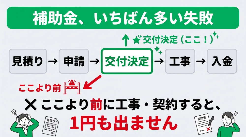 補助金申請の流れ。見積り、申請、交付決定、工事、入金の順。交付決定より前に工事・契約すると補助金は1円も出ない