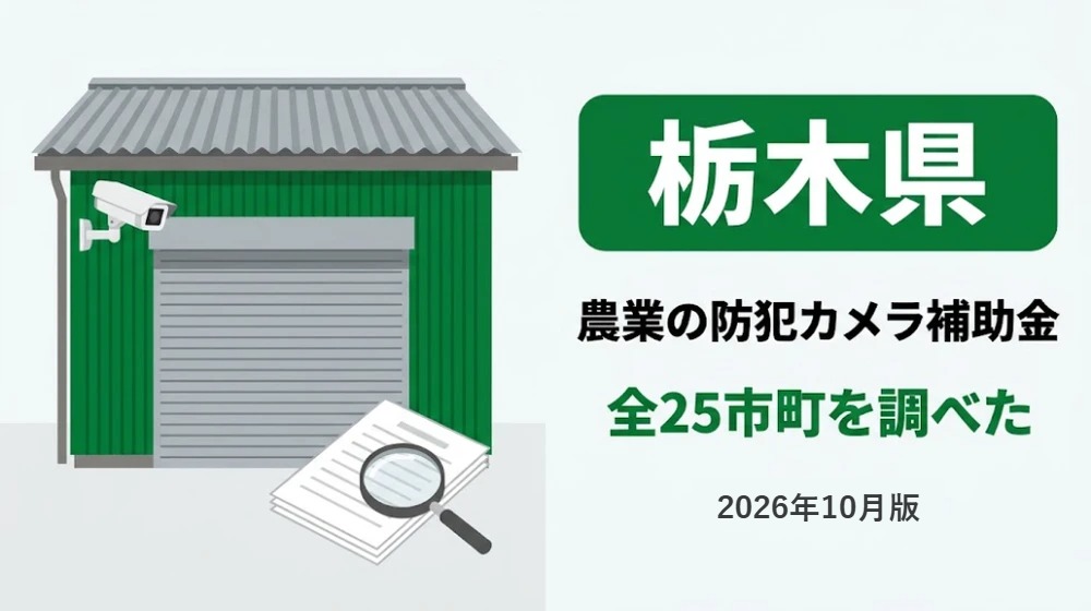 栃木県の農業の防犯カメラ補助金。農家の倉庫と防犯カメラ、書類と虫眼鏡のイラスト