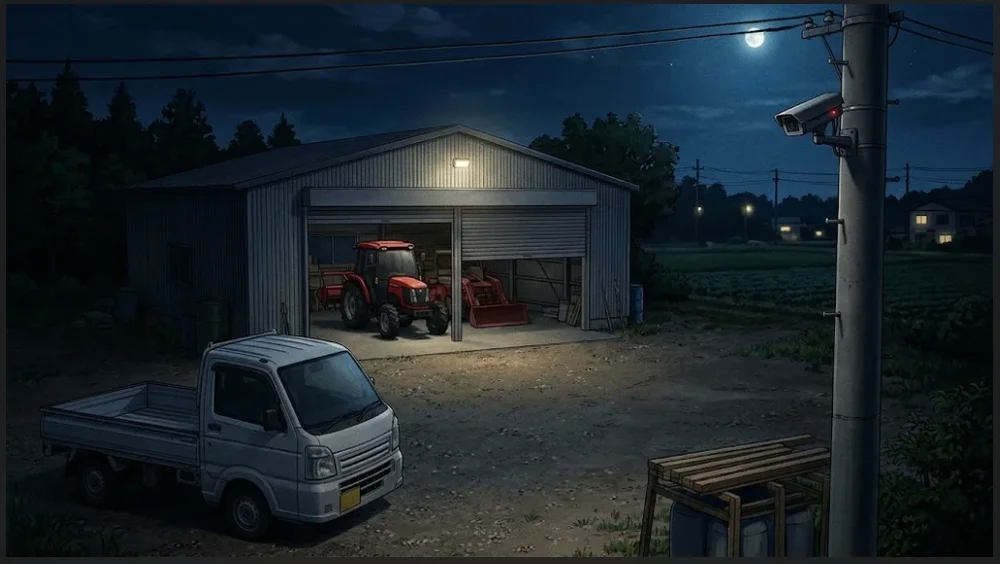 夜の農家の敷地。シャッターの開いた格納庫にトラクターがあり、手前に軽トラック。電柱の高い位置に、格納庫の方へ向けた防犯カメラが付いている